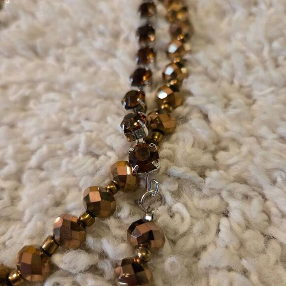 NWOT Bronze Faceted Bead + Amber Rhinestone Necklace Long - Picture 3 of 7